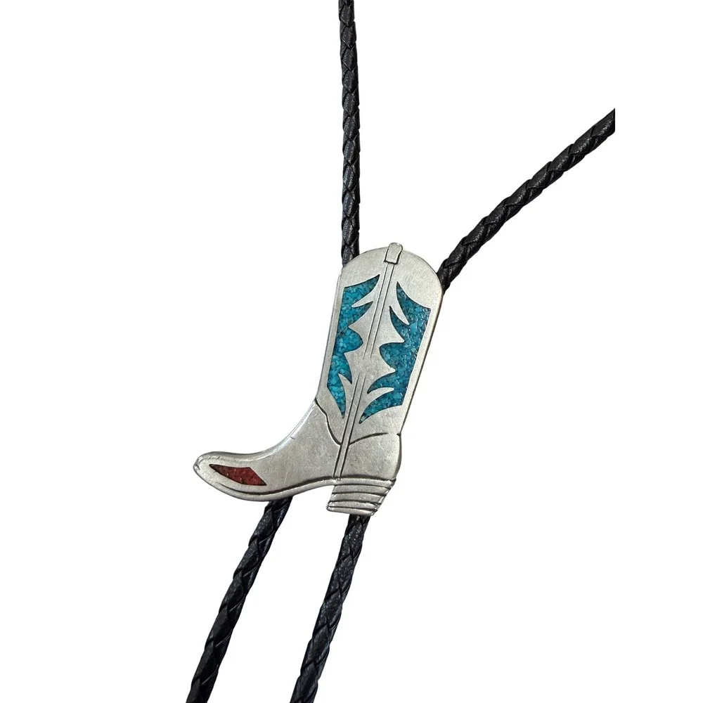 EGE Vintage Western Bolo Tie Cowboy Boot‎ Turquoise Inlay Silver Tone Black Cord